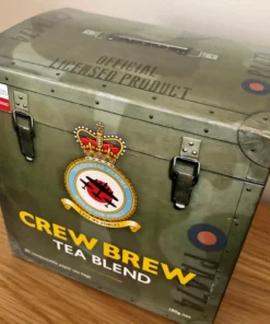 A BBMF Crew Brew Tea Blend Box - 80 Compostable Paper Tea Bags sits on a table.
