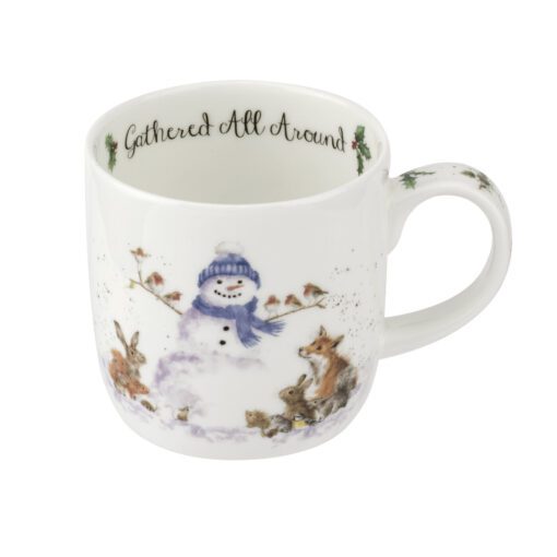 A Royal Worcester Wrendale Designs Gathered All Around Fine Bone China Mug with a snowman and animals on it.