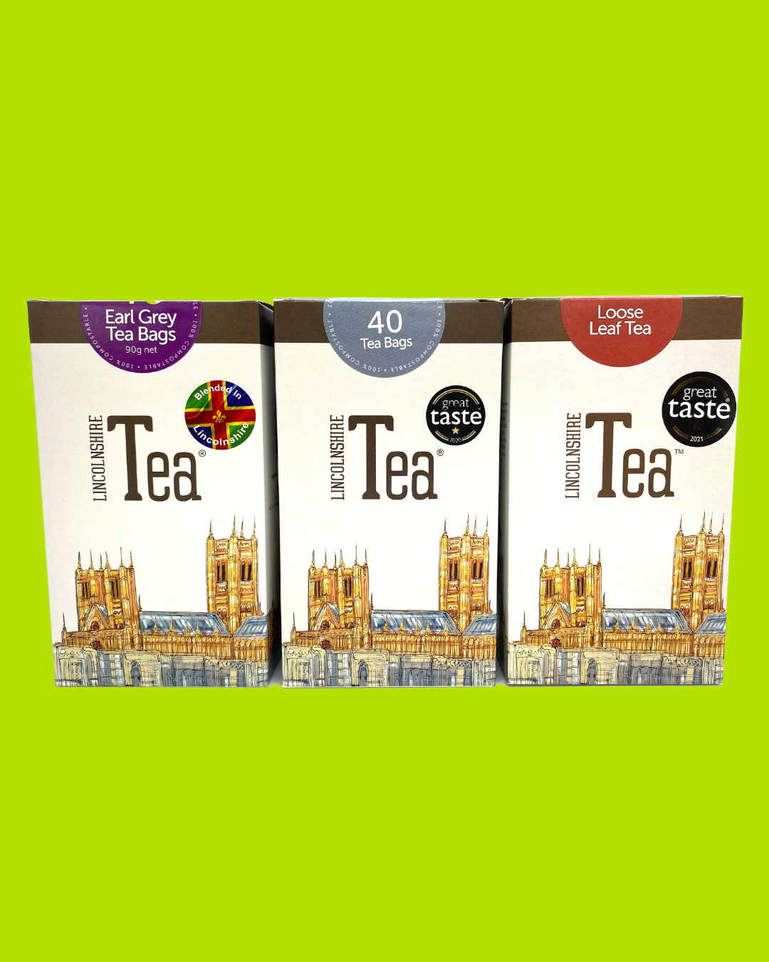Three boxes of tea: One earl grey tea, one regular tea, and one loose leaf tea