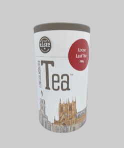 A Lincolnshire Tea Tube 200g Loose Leaf with a picture of a city.
