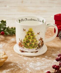 A Wrendale Designs Christmas Tree Mug & Coaster with a christmas tree on it.