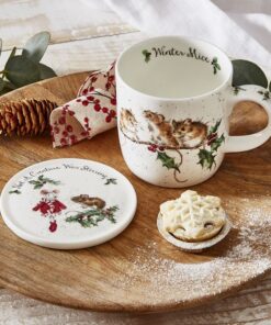 A Wrendale Designs Winter Mice Mug & Coaster set with a mouse on it.